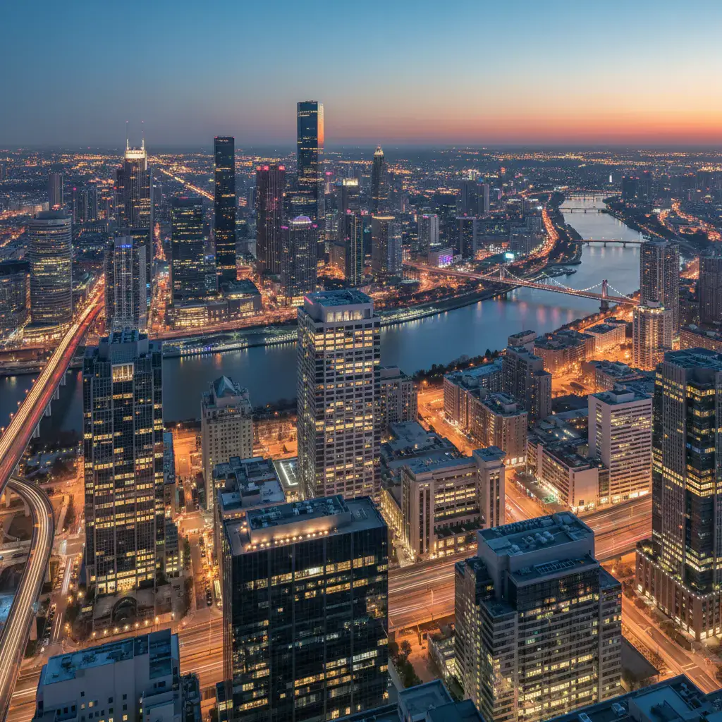 City skyline at dusk