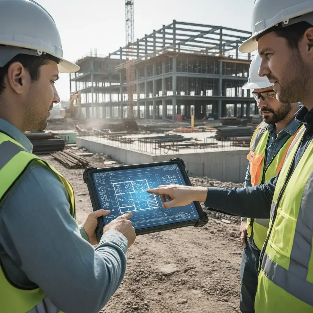 Engineers reviewing blueprints